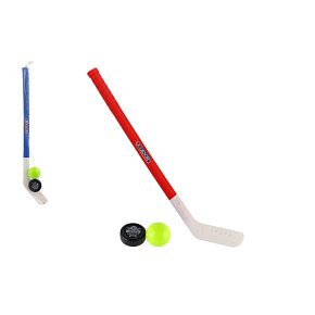 Hokejka plast 73cm s pukem a míčkem 2 barvy v síťce