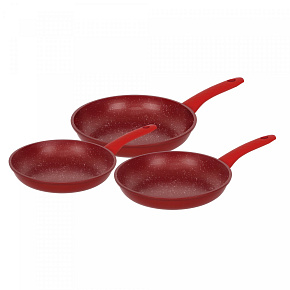 Herzberg HG-04807RED: 3dílná sada kovaných pánví s mramorovým povrchem - Červená