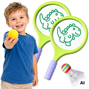 WOOPIE Rakety na badminton a tenis s pěnovým míčkem a košíčkem Dinosaurus WOOPIE Rakety na badminton a tenis s pěnovým míčkem a košíčkem Dinosaurus