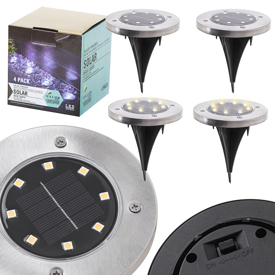 Solární zahradní lampy nájezdové zemní s čidlem soumraku, zapichovací svítící disk 8LED 4ks, studená bílá
