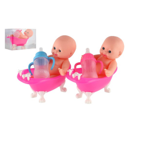Miminko ve vaničce guma/plast s lahvičkou 10cm v plastové krabičce 13x9x6,5cm
