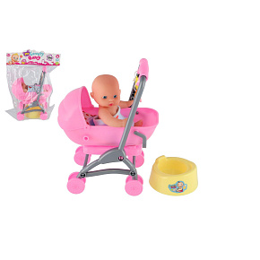 Miminko/panenka kloubová 12cm v kočárku 10x14x18cm plast s doplňky v sáčku