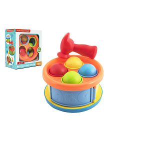 Zatloukačka/Bubínek 17cm 2v1 plast s kladívkem s míčky 4ks y v krabici 18x20x10cm 12m+ Zatloukačka/Bubínek 17cm 2v1 plast s kladívkem s míčky 4ks y v krabici 18x20x10cm 12m+