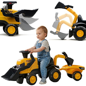 FALK Odrážedlo Traktor JCB s Přívěsem, Hráběmi a Lopatkou Tichá Kola 1-3 roky