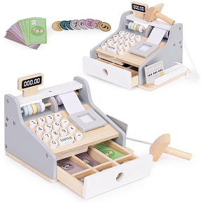Drewniana kasa fiskalna dla dzieci skaner banknoty monety karta ECOTOYS Drewniana kasa fiskalna dla dzieci skaner banknoty monety karta ECOTOYS