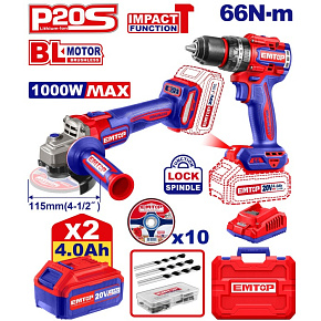 SADA Vrtací šroubovák s příklepem 66Nm a úhlová bruska 115mm AKU 20V 2x4Ah