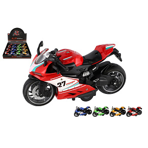 Motorka silniční plast 13cm na zpětné natažení na baterie se světle, zvukem 4 barvy 12ks v boxu Motorka silniční plast 13cm na zpětné natažení na baterie se světle, zvukem 4 barvy 12ks v boxu