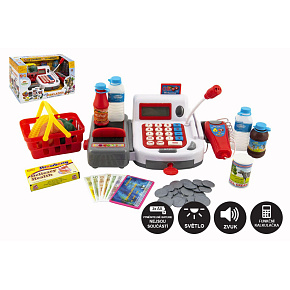 Pokladna digitální plast 30cm s doplňky na baterie se zvukem se světlem v krabici