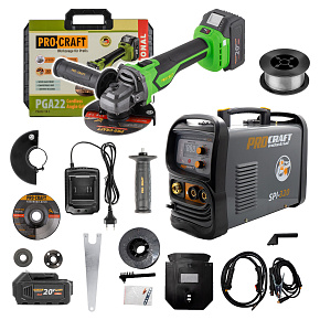 Sada svářecí poloautomatický invertor SPI-320 s aku úhlovou bruskou PGA22-1B-C + svařovací drát FW81