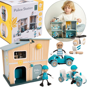 CLASSIC WORLD Policejní stanice Dřevěné auto Helikoptéra Figurky 12ks.